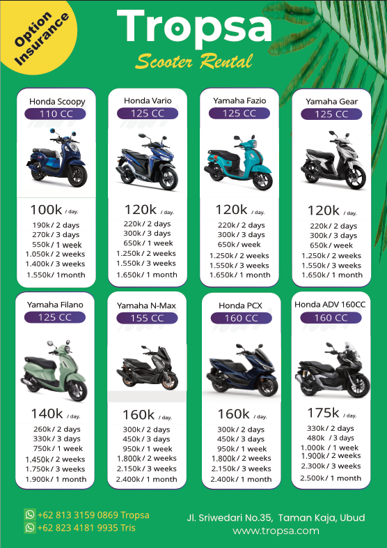 Tropsa scooter rental price list Ubud Bali